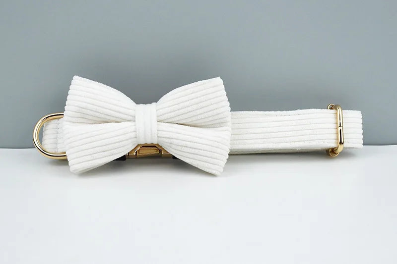 White Corduroy Dog Collar & Leash Set – Custom Nameplate