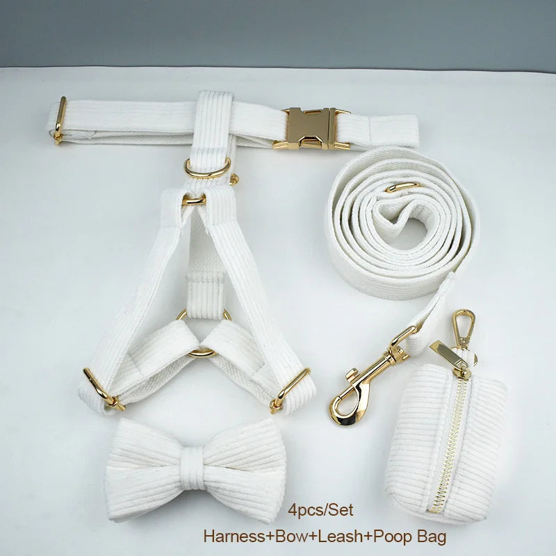 White Corduroy Dog Collar & Leash Set – Custom Nameplate