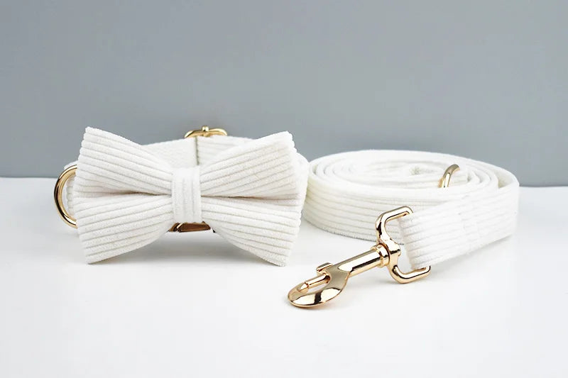 White Corduroy Dog Collar & Leash Set – Custom Nameplate