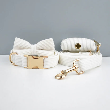 White Corduroy Dog Collar & Leash Set – Custom Nameplate