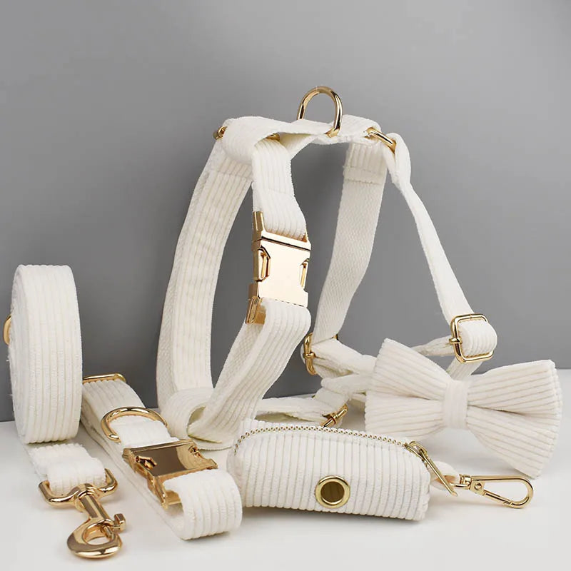 White Corduroy Dog Collar & Leash Set – Custom Nameplate