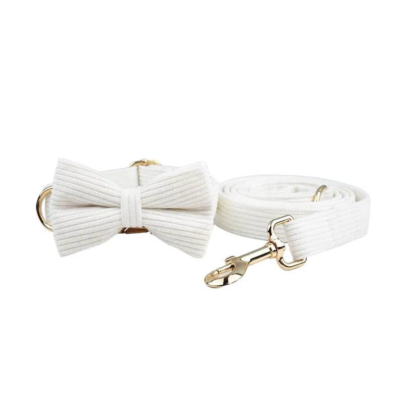 White Corduroy Dog Collar & Leash Set – Custom Nameplate