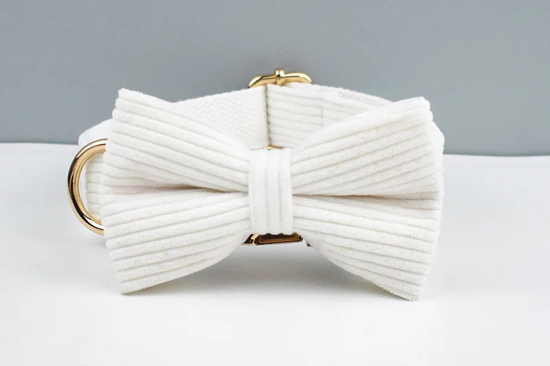 White Corduroy Dog Collar & Leash Set – Custom Nameplate