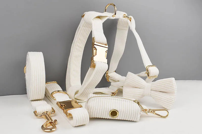 White Corduroy Dog Collar & Leash Set – Custom Nameplate