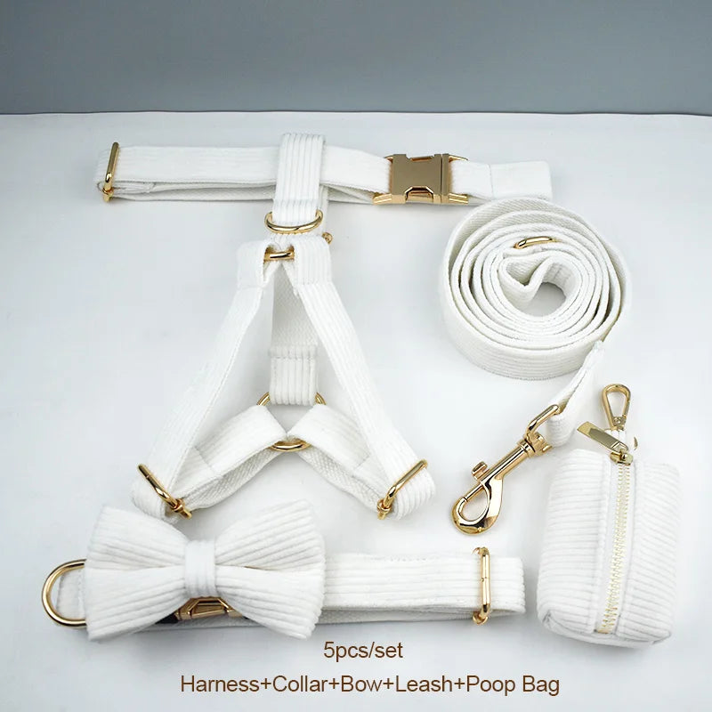 White Corduroy Dog Collar & Leash Set – Custom Nameplate