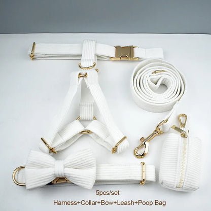 White Corduroy Dog Collar & Leash Set – Custom Nameplate