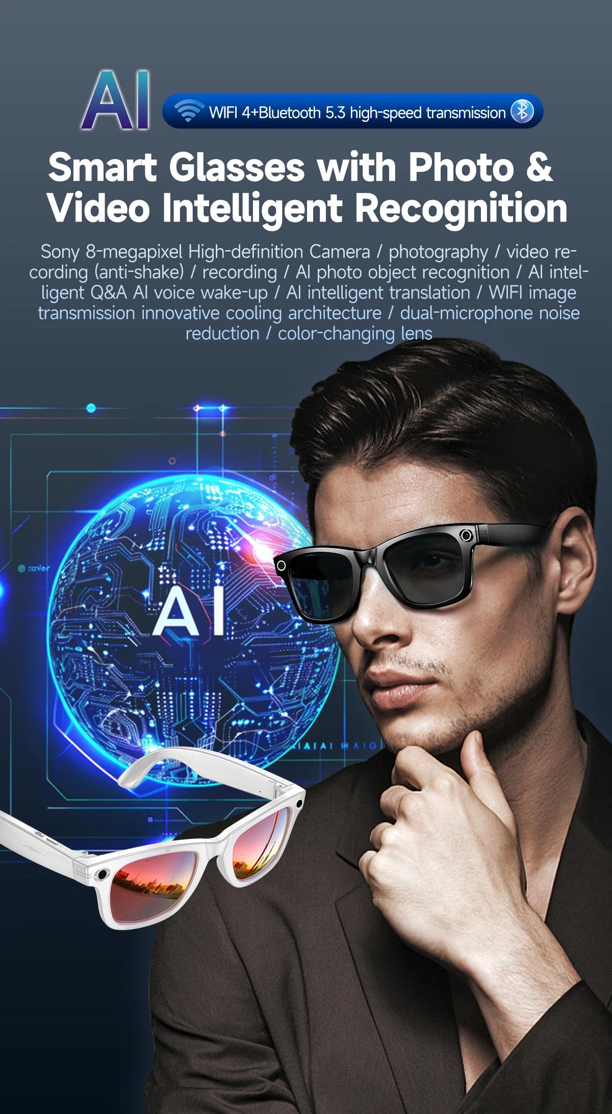 AI Smart Glasses with Camera, Calls & Translation