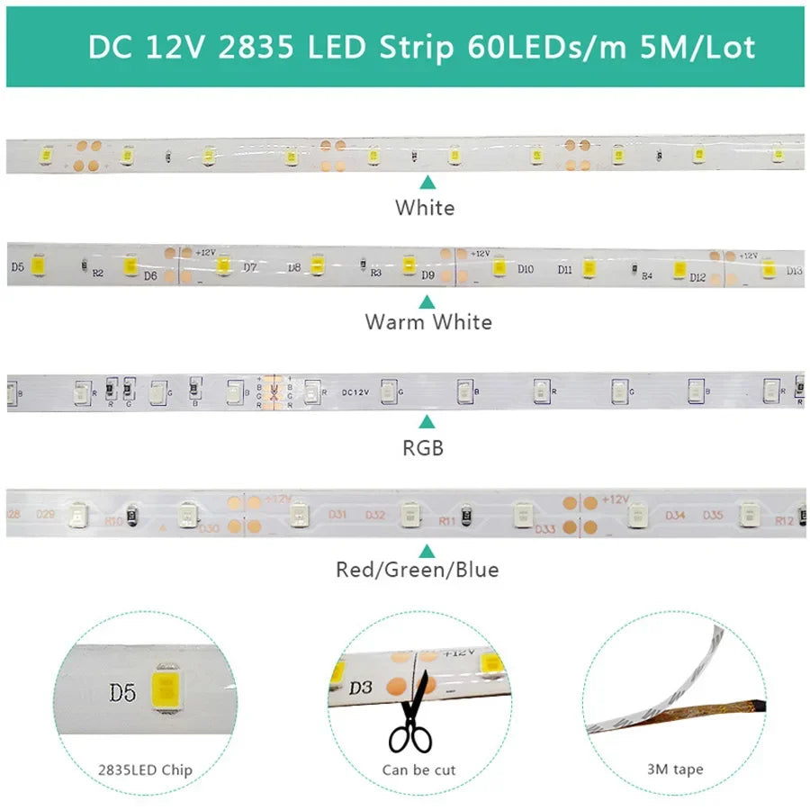 12V LED Light Strip 5M – SMD 2835, Multi-Color