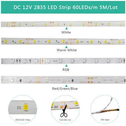 12V LED Light Strip 5M – SMD 2835, Multi-Color