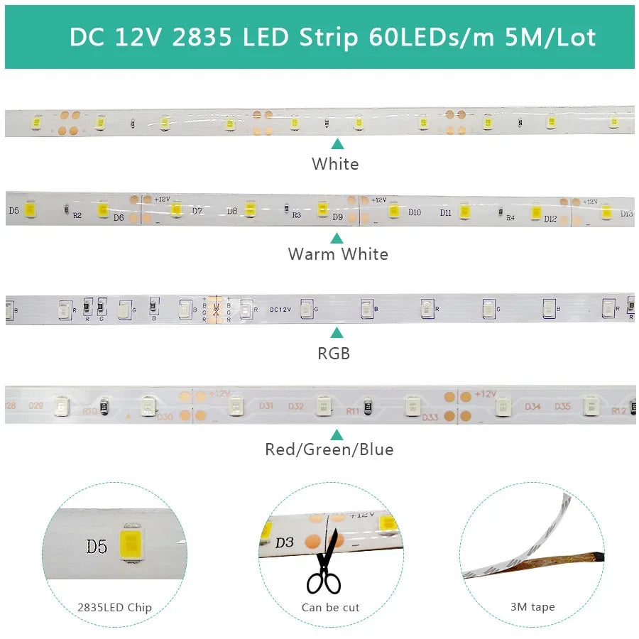 12V LED Light Strip 5M – SMD 2835, Multi-Color