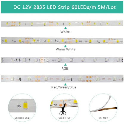 12V LED Light Strip 5M – SMD 2835, Multi-Color