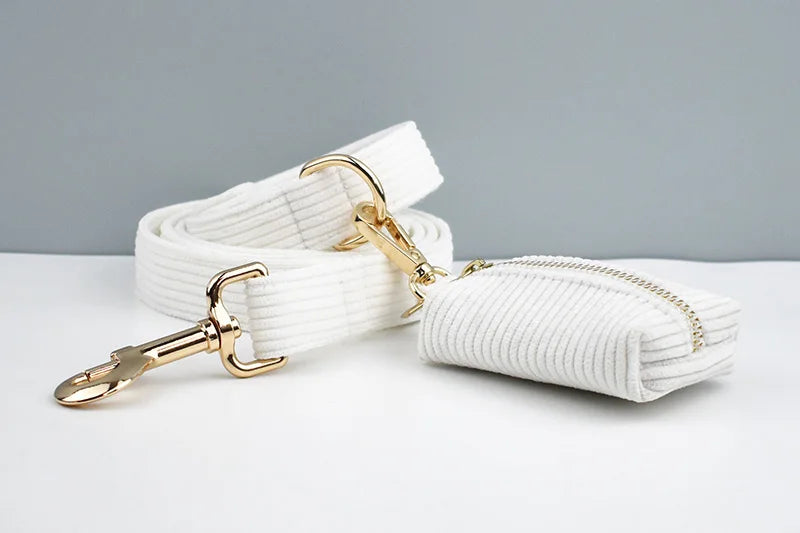 White Corduroy Dog Collar & Leash Set – Custom Nameplate