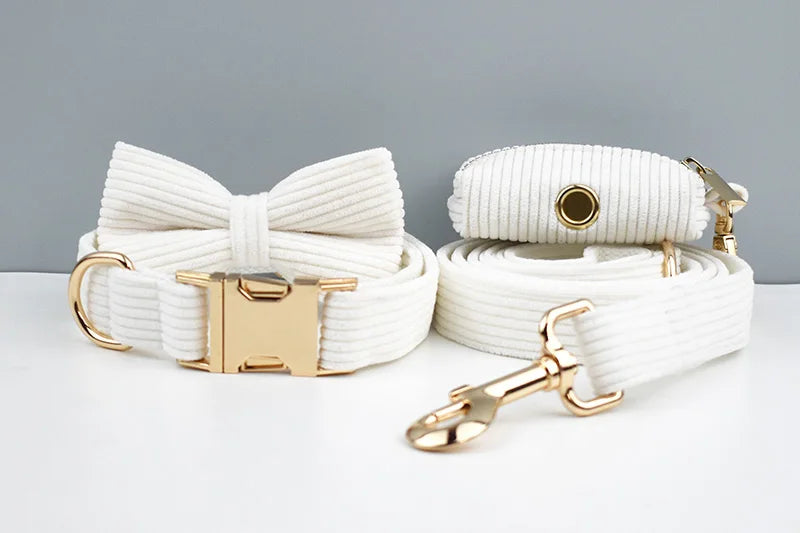 White Corduroy Dog Collar & Leash Set – Custom Nameplate