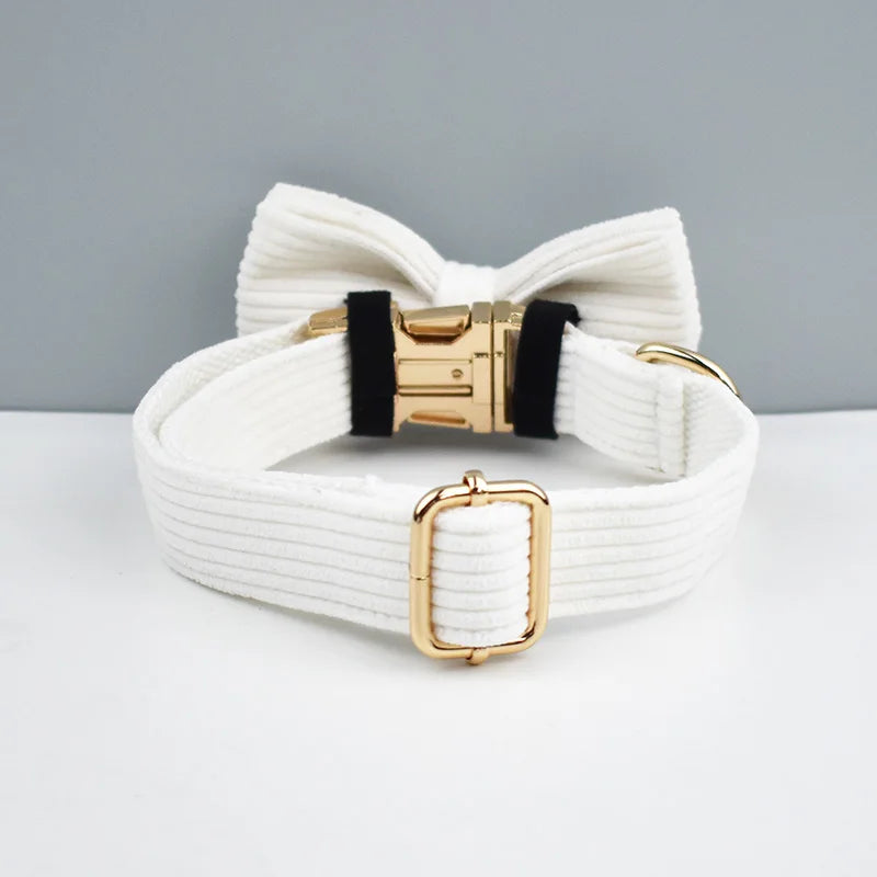 White Corduroy Dog Collar & Leash Set – Custom Nameplate